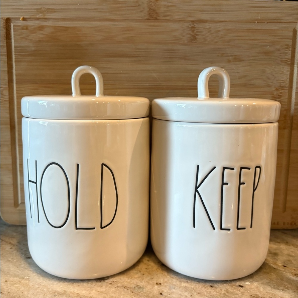 Rae Dunn KEEEP & HOLD White Ceramic Storage Jars